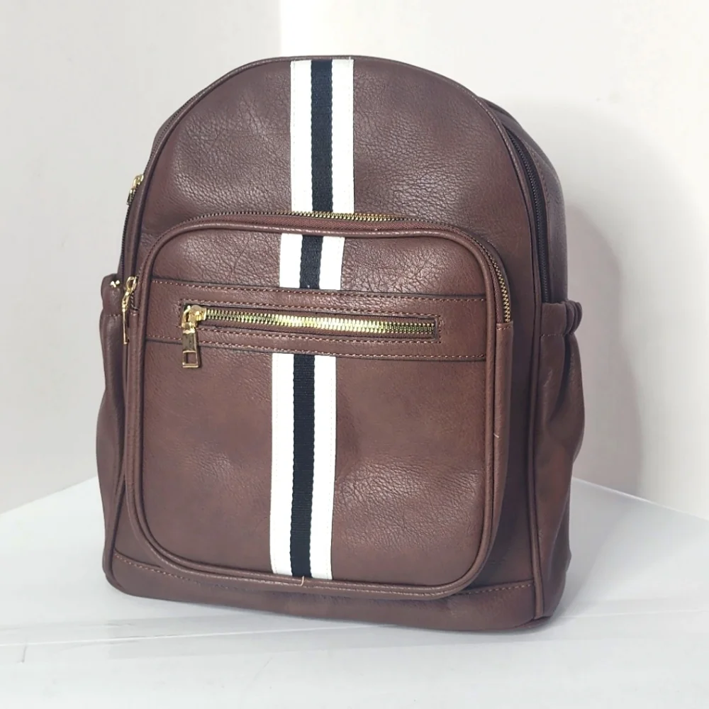 Men's Brown Leather Striped Fashion Unisex Backpack